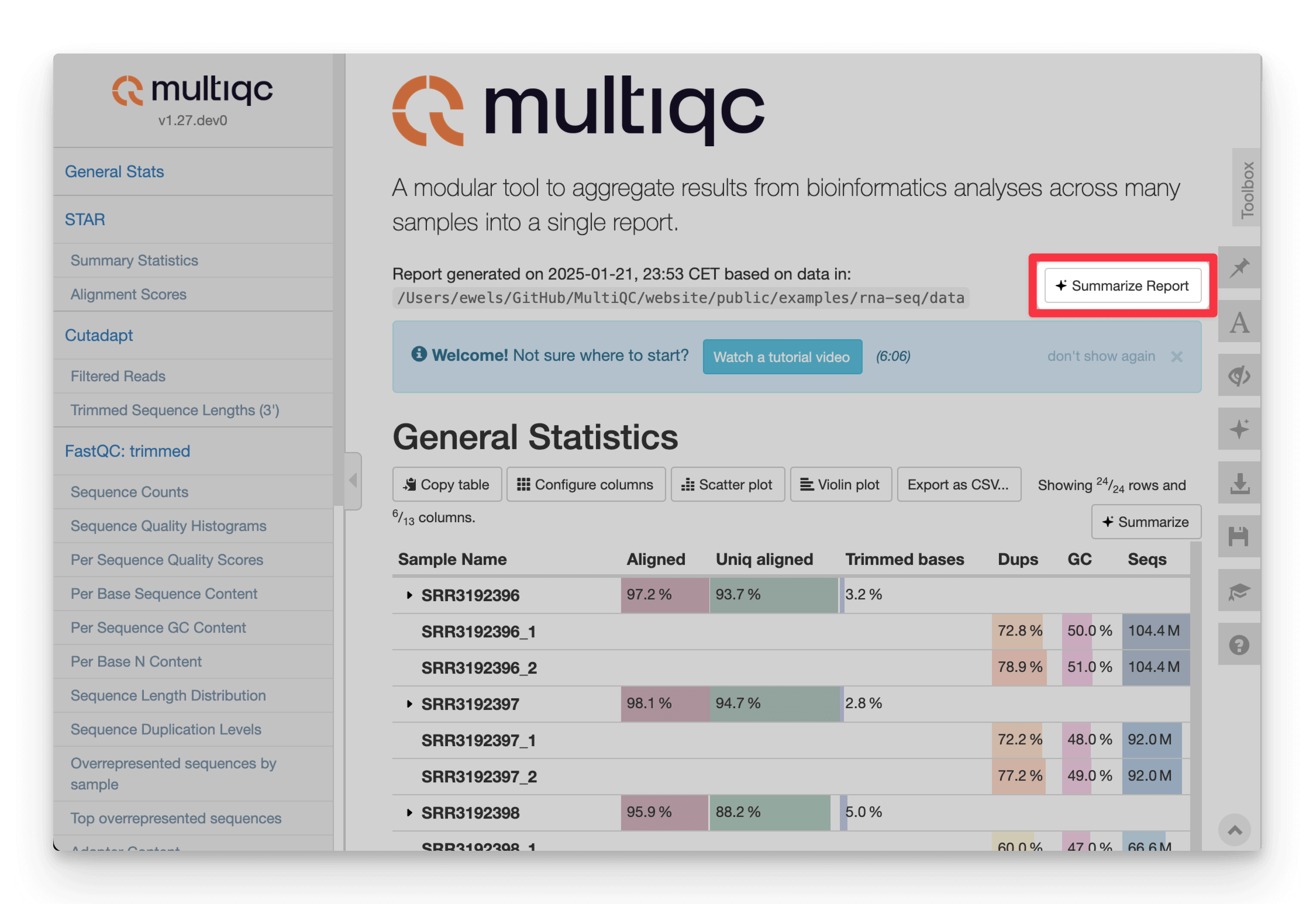 Button to summarize a MultiQC report