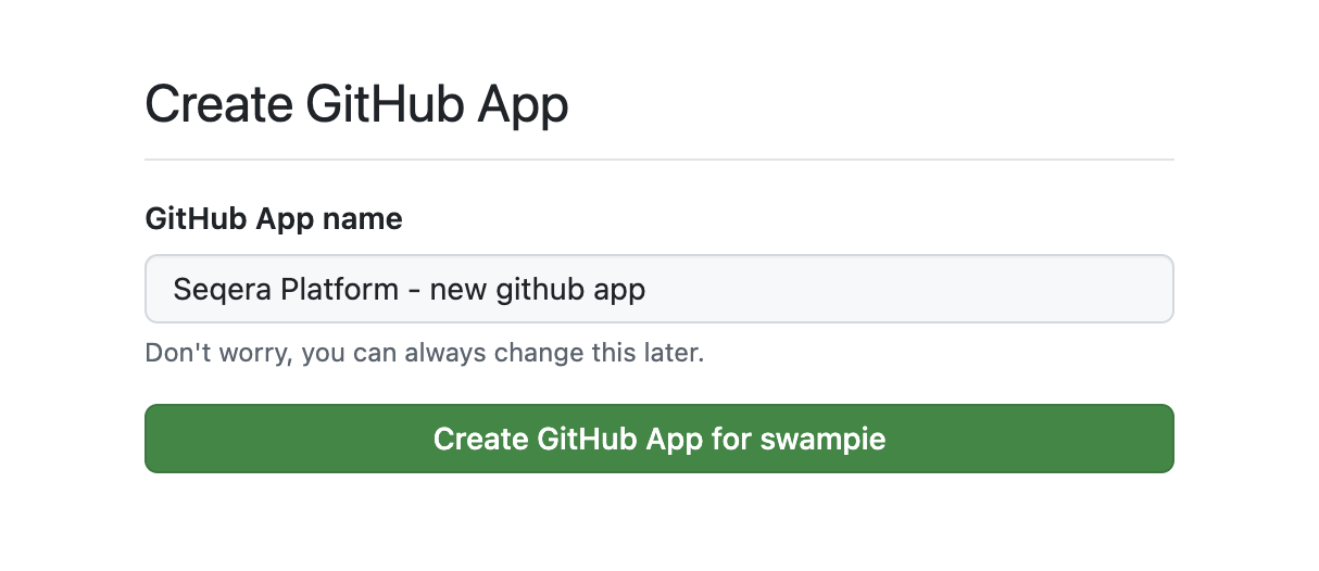 GitHub "Create GitHub App" page with the manifest pre-filled, showing the app name "Seqera Platform - new github app"