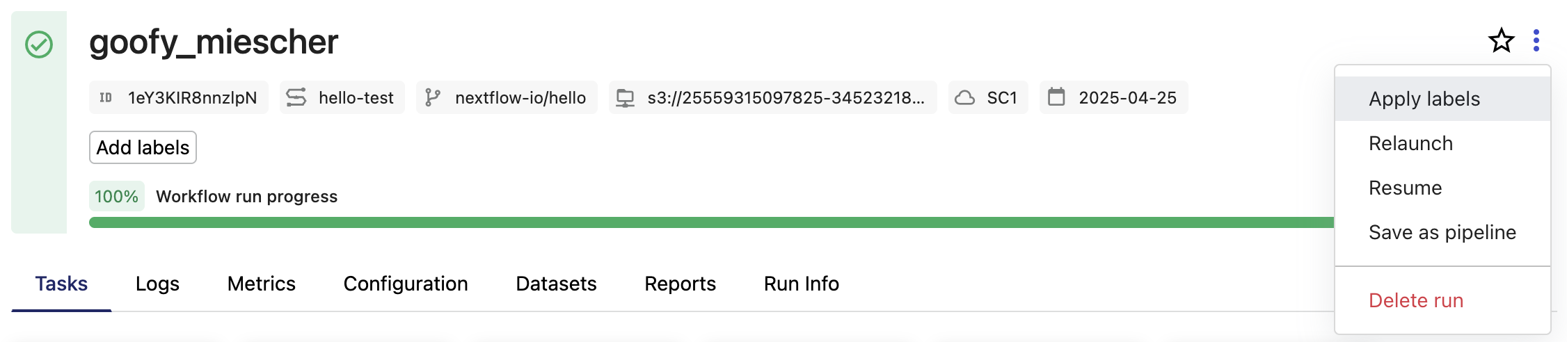 Run details and progress overview
